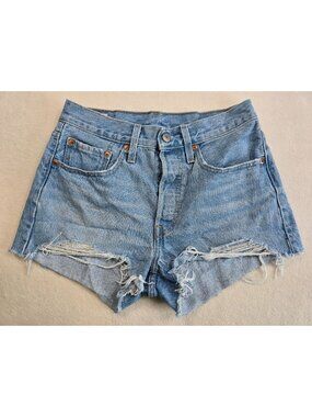 Levis Premium 501 High-Waisted Distressed Button-Fly Light Blue Denim Shorts 26